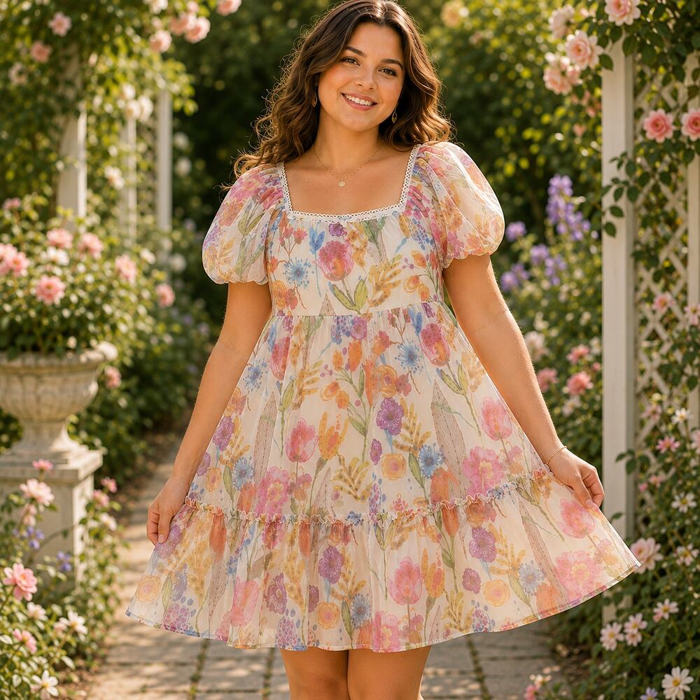 Umgee Babydoll Dress Women M Floral Puff Sleeve Romantic Cottagecore Boho NWT